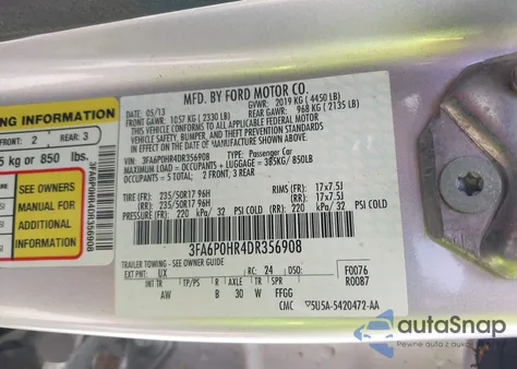 2013 Ford Fusion Se from USA, damaged, VIN 3FA6P0HR4DR356908